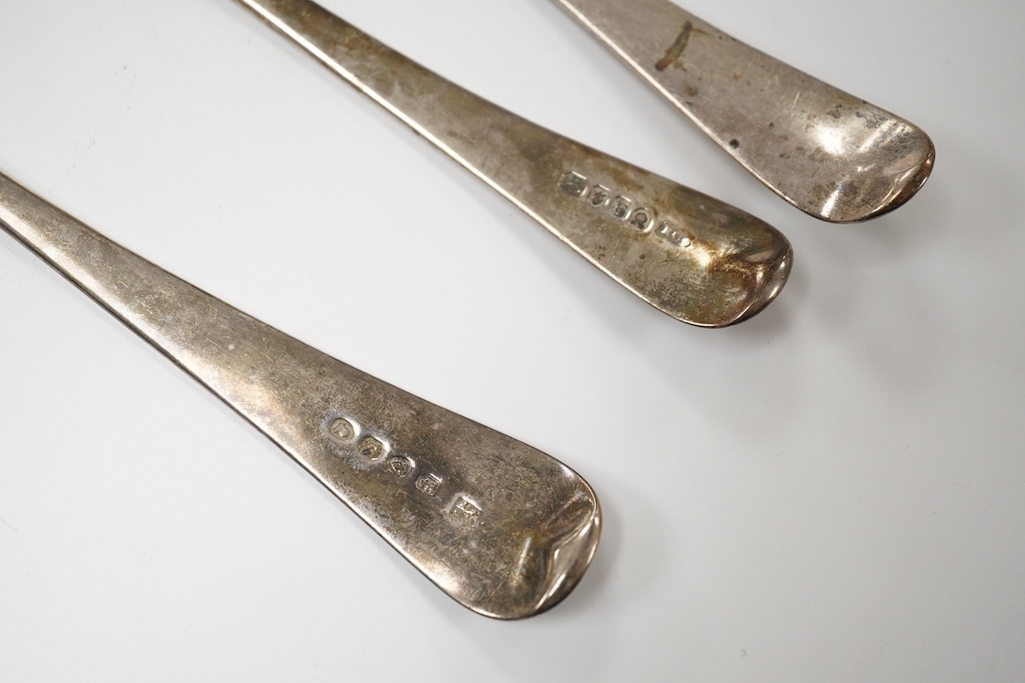 Three George III silver old English pattern basting spoons, William Fearn, London, 1776, Robert Gaze, London 1801 and Eley & Fearn London 1805, longest approx. 29.5cm, 9.9oz.